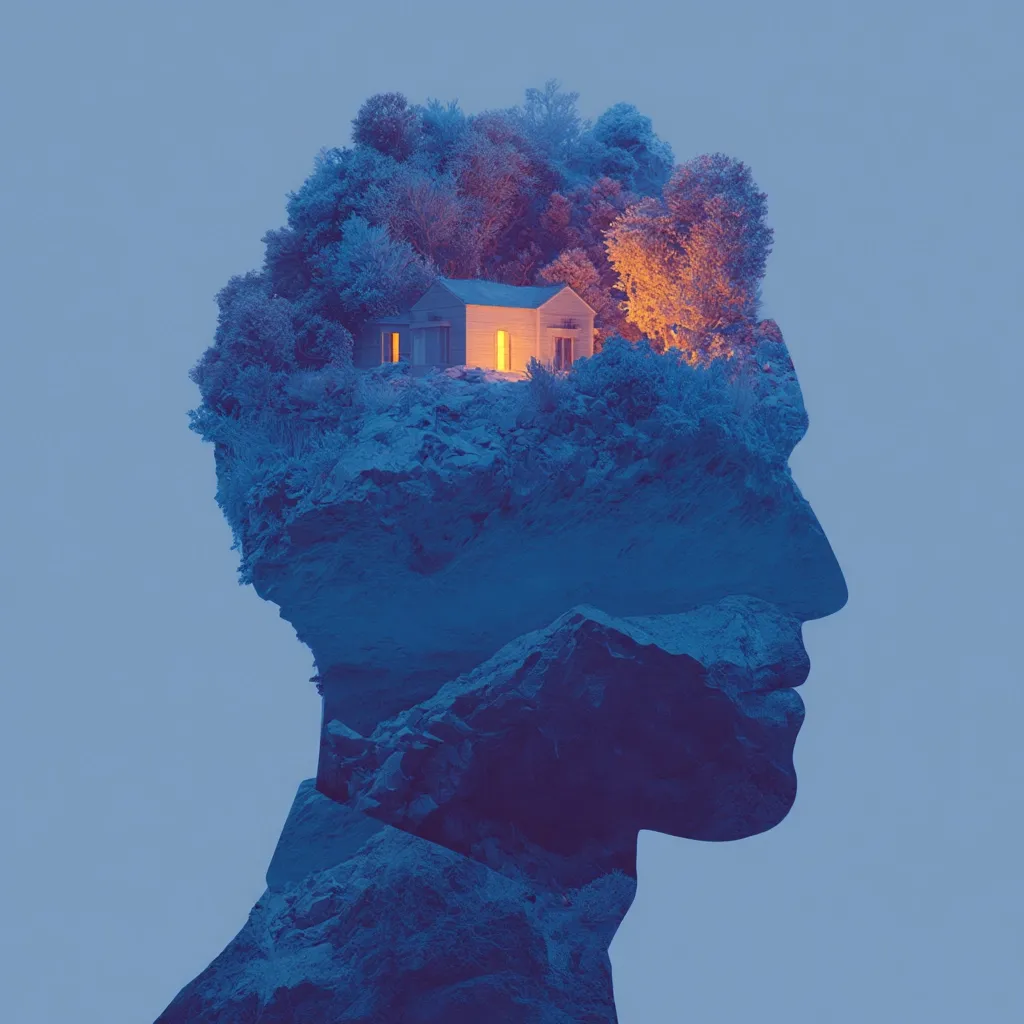 A surreal double exposure image depicts a man's profile superimposed with a rocky outcrop.  A small, illuminated house sits atop the rock, nestled within a cluster of trees.  The overall color palette is cool-toned blues and purples, contrasting with the warm, golden light emanating from the house's windows.  The image evokes a sense of inner peace and solitude.