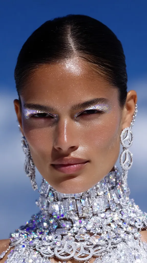 A woman with dark hair pulled back, adorned in dazzling silver jewelry.  Her makeup features iridescent eyeshadow and a subtle, dewy glow.  The jewelry includes large, sparkling earrings and a substantial statement necklace encrusted with numerous gemstones, creating a glamorous and ethereal look.  The background is a clear blue sky.