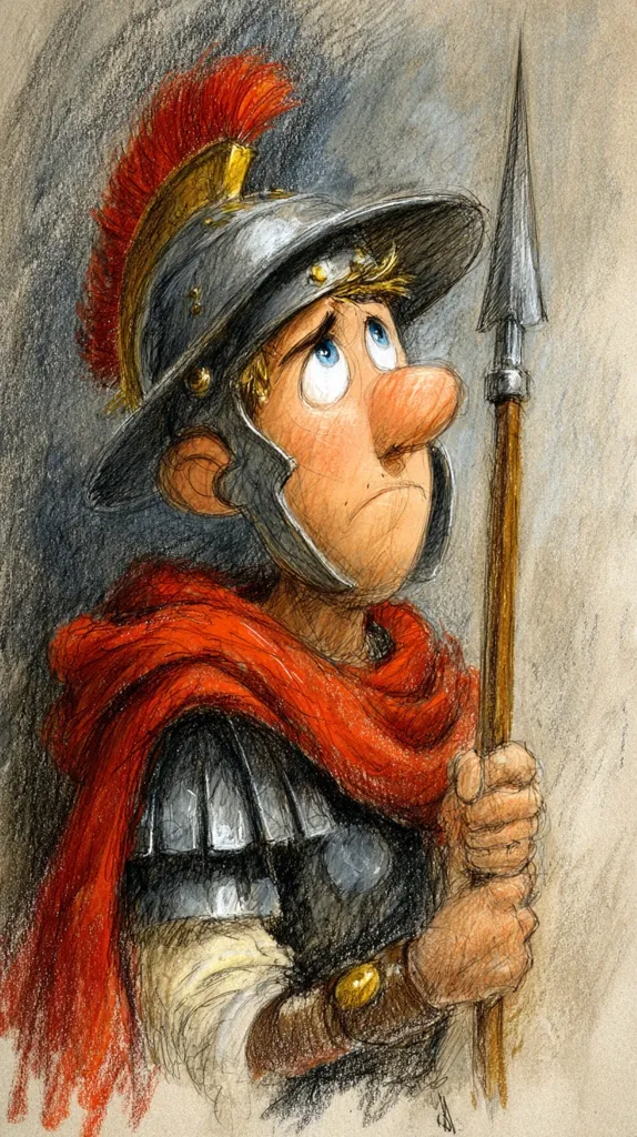 A stylized illustration depicts a Roman soldier, possibly a young centurion, gazing upward with a pensive expression. He's clad in a segmented metal breastplate, a red cloak draped over his shoulders, and a helmet adorned with a red plume.  He holds a spear, his grip firm but his posture suggesting contemplation or weariness. The artwork employs a textured, somewhat gritty style, resembling charcoal or pastel.