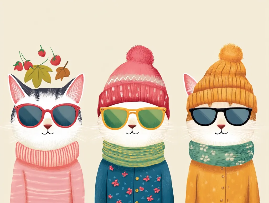 Three stylish cats, each wearing winter attire, are presented.  The leftmost cat sports a pink sweater and red sunglasses, adorned with autumn leaves and berries. The center cat wears a knitted hat and scarf with a patterned jacket and green sunglasses.  The rightmost cat is dressed in an orange sweater, matching hat and scarf, and black sunglasses.  Their fashionable appearance is charming and whimsical.