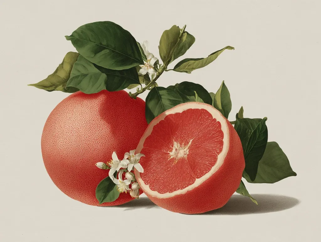 A botanical illustration showcases a whole and a halved grapefruit, nestled amongst vibrant green leaves and delicate white blossoms.  The grapefruit's reddish-pink flesh is vividly detailed, contrasting with the deep green foliage. The image is rendered with meticulous realism, capturing the texture and luminosity of the fruit and its blossoms.