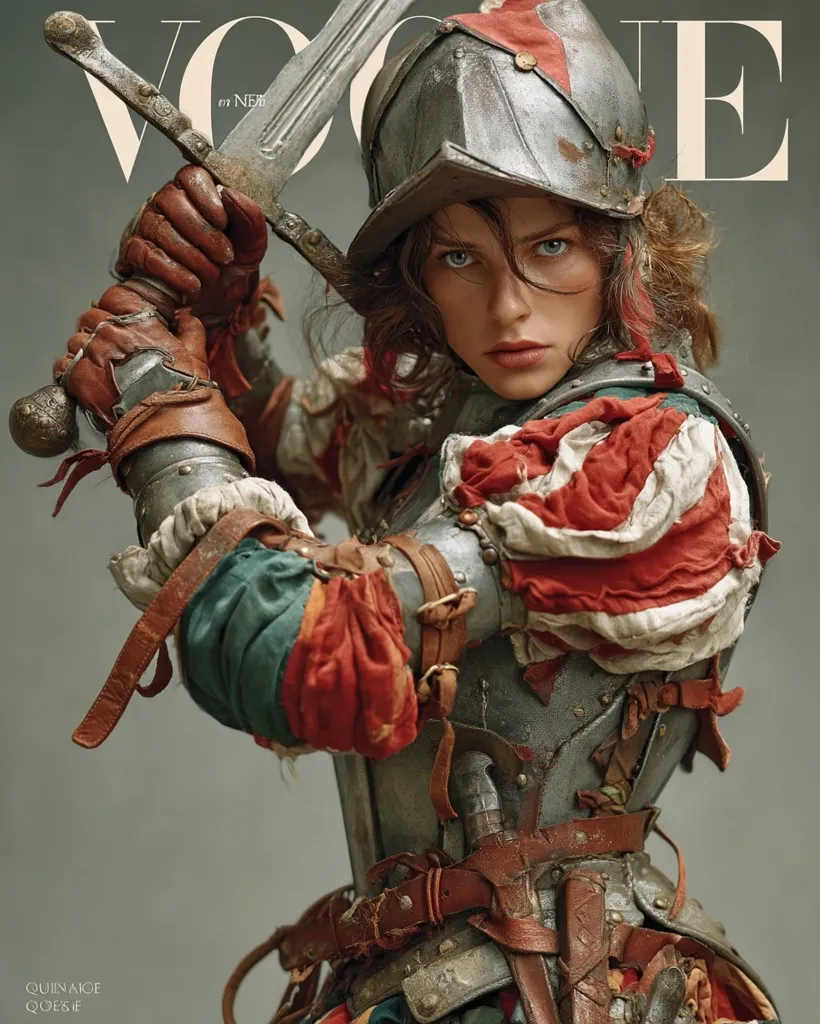 A Vogue cover features a female model in full 16th-century-style armor.  She's depicted wielding a sword, her gaze intense and determined. The armor is intricately detailed, showing signs of wear, and her clothing blends historical accuracy with a modern fashion sense. The overall image evokes a powerful, fierce warrior woman.