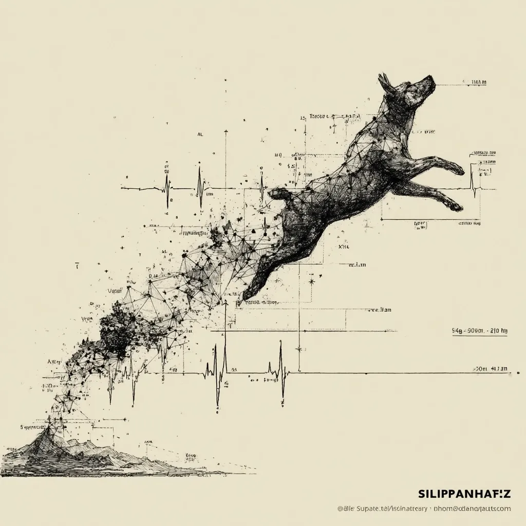 A stylized monochrome drawing depicts a leaping dog, rendered with interconnected points forming its outline.  ECG waveforms are incorporated, alongside various scientific notations and measurements (weight, height), suggesting a blend of biological data and artistic expression.  A mountainous landscape is subtly included at the base.  The overall aesthetic is complex and layered, combining scientific detail with artistic interpretation.