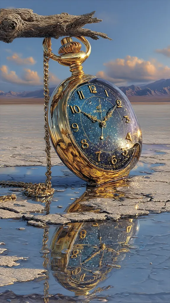A surreal painting depicts a golden pocket watch with a star-filled face, partially submerged in a puddle on cracked earth.  The watch hangs from a dead branch against a backdrop of mountains under a partly cloudy sky.  The reflection in the puddle is almost as vivid as the watch itself, creating a sense of stillness and mystery in this desolate landscape. The scene evokes a feeling of time's passage and the vastness of nature.