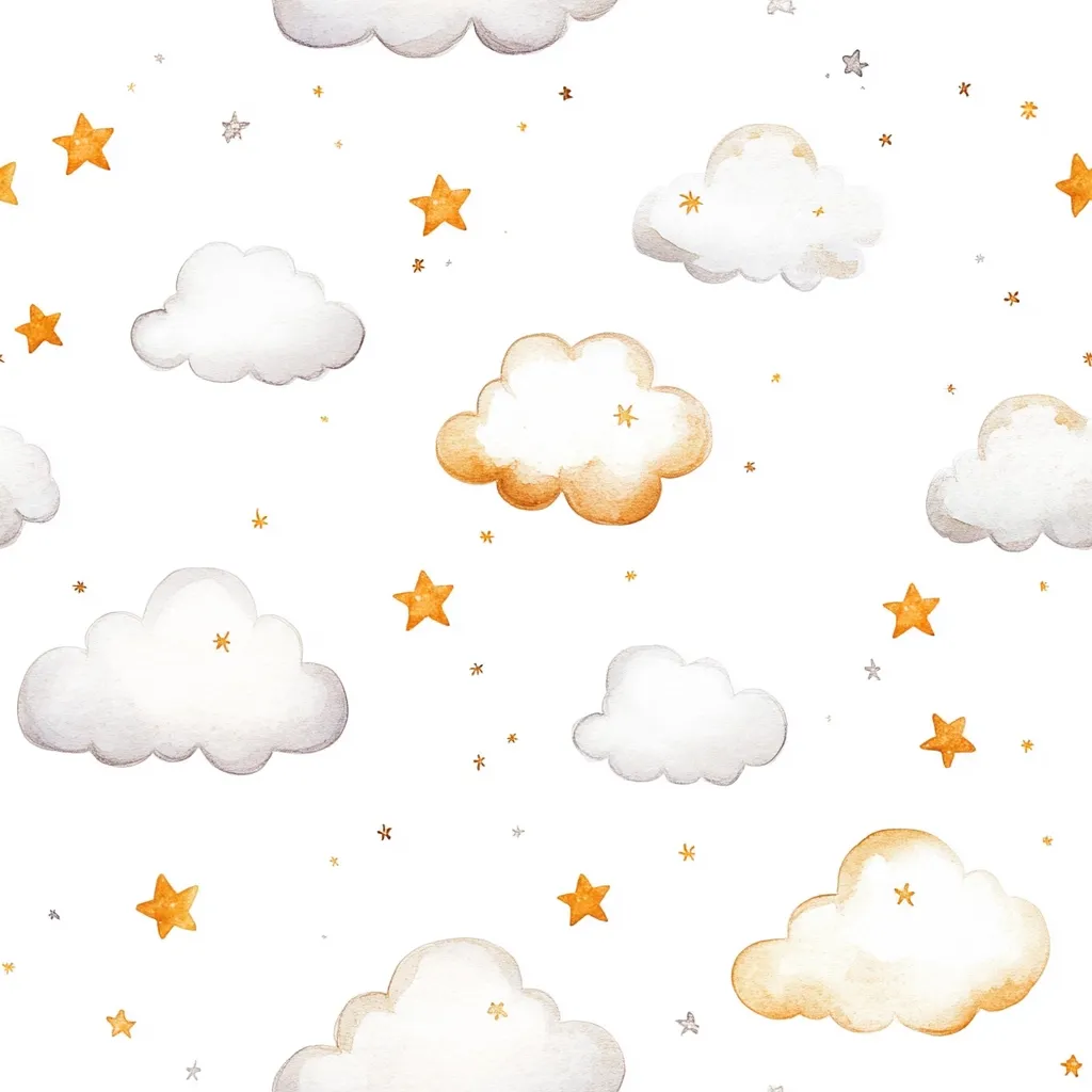 A charming watercolor pattern features fluffy clouds in soft gray and warm orange hues, scattered across a white background.  Small, golden stars twinkle amongst the clouds, creating a dreamy, celestial scene. The repeating pattern is ideal for children's textiles, wallpaper, or other decorative applications.  The overall aesthetic is gentle and whimsical.