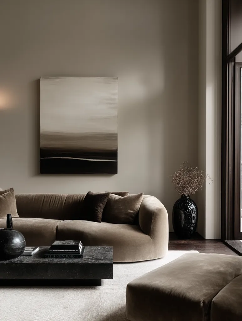 A minimalist living room features a curved taupe velvet sofa with plush cushions.  A dark rectangular coffee table holds several books.  Above the sofa hangs a large abstract landscape painting in muted earth tones.  A dark vase with dried flowers sits near a large window, adding to the calm and sophisticated ambiance.  A matching ottoman completes the seating arrangement. The overall aesthetic is serene and luxurious.