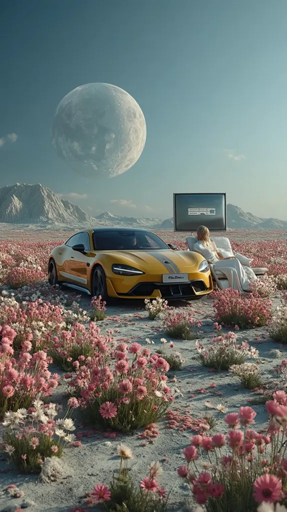 A vibrant yellow sports car sits in a field of pink flowers under a large, bright moon.  A woman relaxes in a lounge chair beside it, watching a screen displaying the car's logo.  The surreal landscape features muted mountains in the distance, creating a dreamy and otherworldly atmosphere. The scene is serene and futuristic.