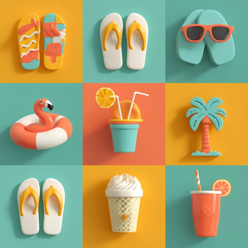 A colorful summer-themed collage features flip-flops, sunglasses, a flamingo floatie, a tropical drink, a palm tree, a waffle cone, and another refreshing beverage.  The vibrant colors and playful 3D renderings evoke a carefree beach vacation atmosphere.  The image is divided into a grid of nine squares, each containing a different summer icon.