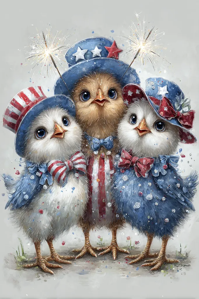 Three adorable baby chicks are dressed in patriotic attire for the Fourth of July.  They wear miniature Uncle Sam hats and blue jackets adorned with red and white stars and stripes.  Sparklers add a festive touch to the scene, creating a charming and whimsical image perfect for celebrating Independence Day.