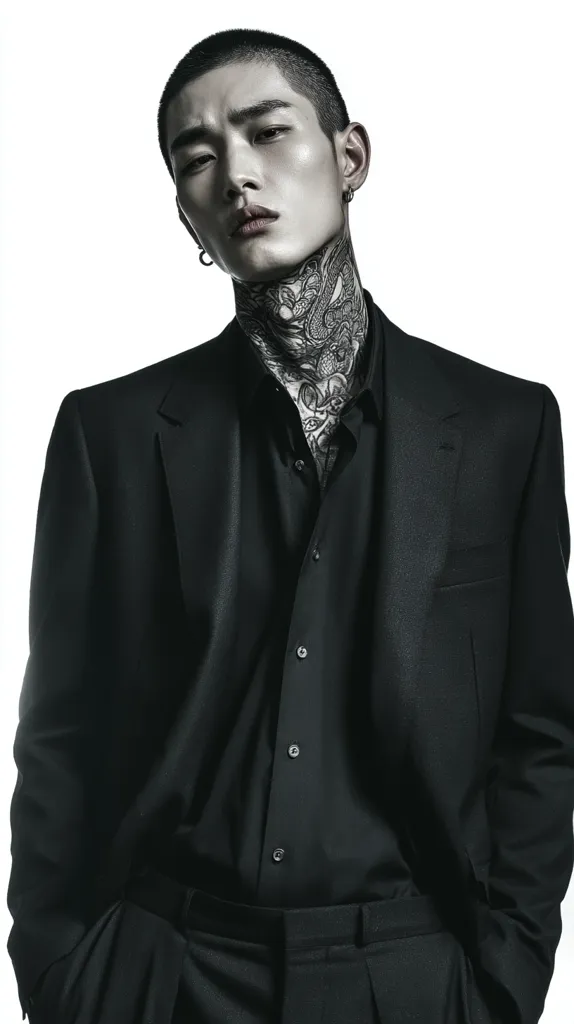 A young man with short, dark hair and a neck tattoo wears a black suit.  The suit is sharply tailored, and his expression is serious and intense. The monochromatic image emphasizes the contrast between his dark clothing and pale skin, creating a striking visual. His style is edgy and sophisticated.