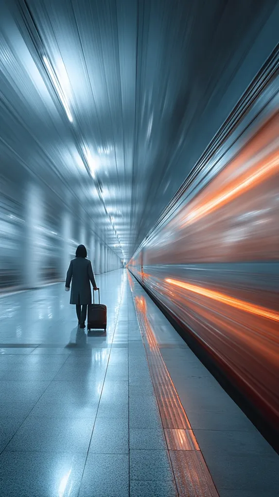A lone figure, a woman with a suitcase, walks away from the viewer down a long, brightly lit train platform. A high-speed train streaks past in a blur of orange and blue light. The perspective emphasizes the speed and scale of the train, juxtaposed with the stillness of the solitary traveler. The scene evokes a sense of journey and modern transit.