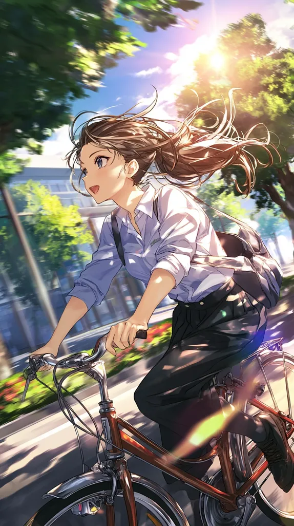 A young woman with long brown hair rides a bicycle down a sunny street, her hair flowing behind her. She wears a light blue shirt and dark pants, a backpack slung over her shoulder.  The scene is vibrant with bright sunlight and blurred motion, suggesting speed and a feeling of freedom. Lush green trees line the street, adding to the idyllic atmosphere.