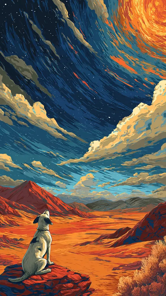 A stylized illustration depicts a dog sitting on a rock, gazing at a dramatic, swirling sky. The sky is a vibrant mix of blues, oranges, and deep reds, suggesting a celestial event.  Below, a desert landscape stretches out, featuring red rock formations and a vast, flat expanse. The overall style is painterly, with bold strokes and a focus on color and atmosphere.