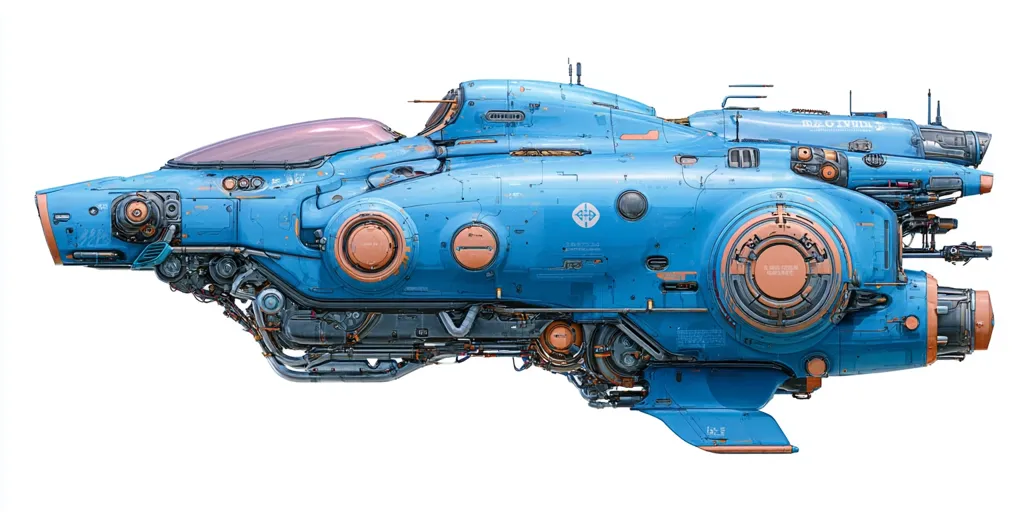 A sleek, futuristic spacecraft, predominantly blue with copper-toned accents, is depicted in a side profile view against a stark white background.  The vessel boasts a detailed, intricate design, showcasing visible engines, complex machinery, and portholes. Its aerodynamic form suggests speed and advanced technology, hinting at a science fiction setting.  The image emphasizes the craft's mechanical complexity and aesthetic appeal.