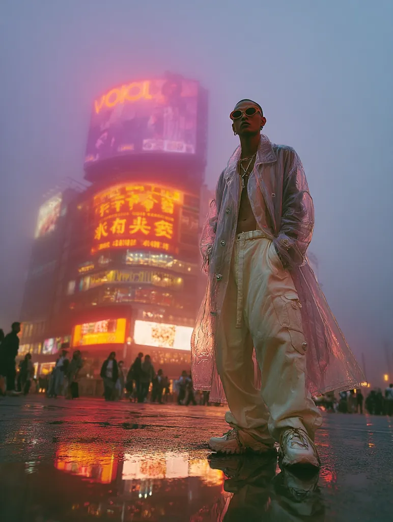 A young person in a translucent raincoat and cream-colored pants stands on a rain-slicked city street.  Behind them, a vibrant cityscape glows with neon signs in a hazy, purple-tinged atmosphere.  The person wears sunglasses and appears to be looking towards a large digital billboard.  The overall mood is stylish and slightly melancholic, capturing a blend of urban energy and atmospheric mystery.