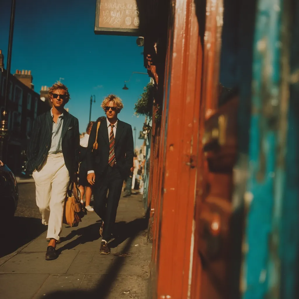 Two young men stroll down a sun-drenched street, their fashion reflecting the 1980s.  One wears a navy blazer and cream trousers, the other a dark suit with a bold striped tie.  They exude a confident, stylish air against the backdrop of a brightly colored building and a London street scene.  The image captures a moment of casual elegance and the vibe of a bygone era.