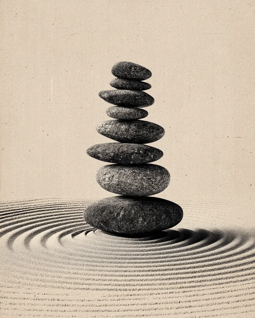 A grayscale image depicts a carefully balanced stack of seven dark gray stones resting on a bed of light-colored sand.  The sand is raked into concentric circles, a common feature of a Zen garden. The overall composition evokes serenity and mindfulness.  The textured background adds to the image's peaceful atmosphere.
