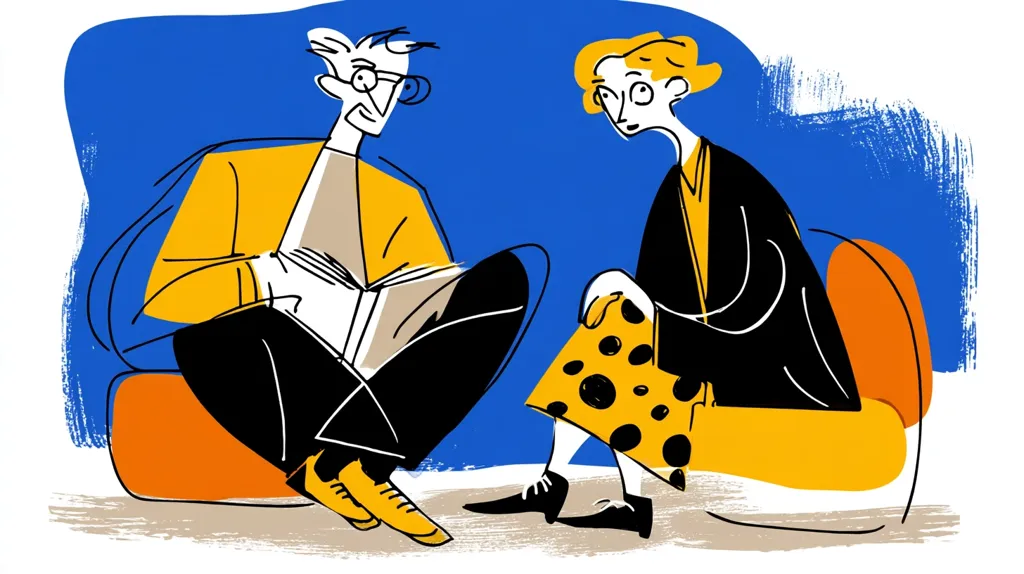 A stylized illustration depicts a man and a woman engaged in conversation. The man, wearing glasses and a yellow jacket, sits on an orange cushion, holding a book. The woman, in a black coat and polka-dotted skirt, sits opposite him on a similar cushion.  The background is a bold blue, with abstract brushstrokes adding texture. The overall style is modern and slightly whimsical.