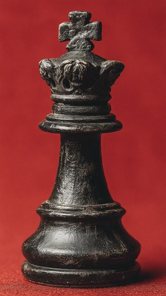 A black chess queen stands prominently against a deep red backdrop.  Its intricately carved crown and base are detailed, showing signs of wear, giving it an antique feel. The dark wood or resin material contrasts sharply with the vibrant background, creating a striking visual. The image focuses on the piece, highlighting its weighty presence and regal design.