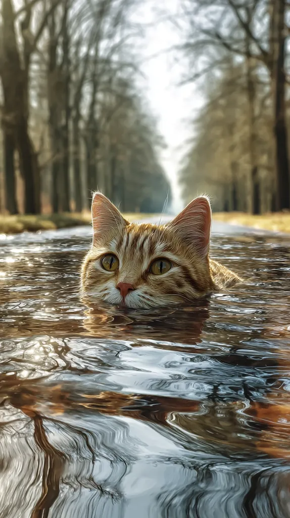 A ginger tabby cat partially submerged in a shallow, muddy puddle.  Its head and shoulders are visible above the water, its gaze directed forward. The background features a blurred alleyway lined with leafless trees, suggesting a winter or autumn setting. The water reflects the surrounding environment, creating a serene and slightly melancholic atmosphere.