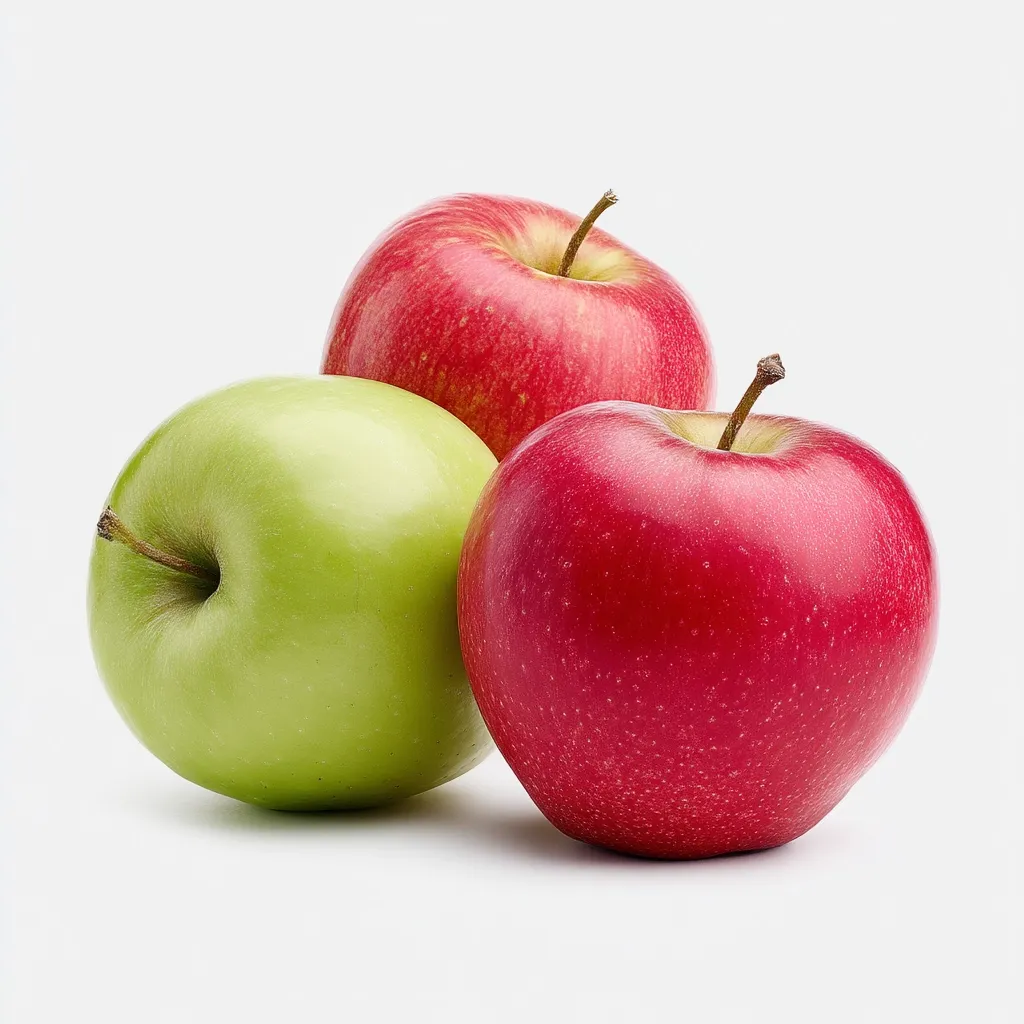 Three apples rest on a white background.  One apple is a bright green, while the other two are a deep red.  The apples are positioned slightly overlapping, creating a visually appealing arrangement.  The image is crisp and clean, showcasing the texture and color of the fruit.
