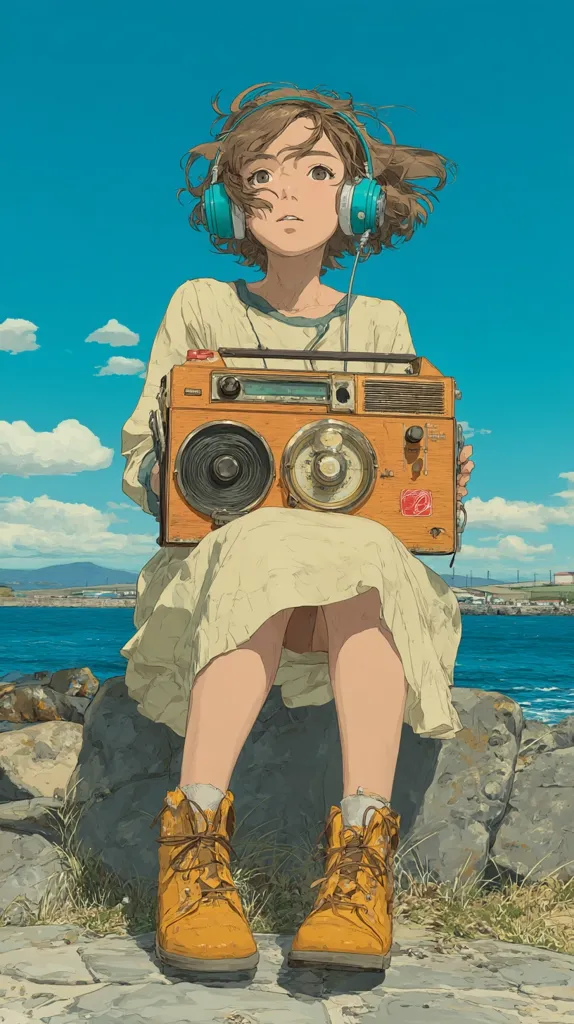 An anime-style girl with short brown hair and teal headphones sits on rocks by the ocean, holding a vintage boombox.  She wears a light beige dress and yellow work boots. The sky is a vibrant blue, and the scene is peaceful and evocative of a nostalgic summer day. The artwork's style is detailed and soft, with a focus on light and color.