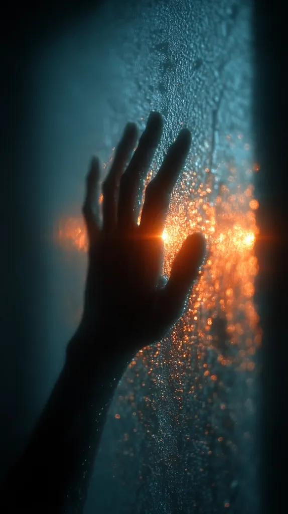 A silhouetted hand reaches towards a textured, water-covered surface.  Warm, orange lights blur in the background, creating a contrast with the cool, dark tones of the hand and the glass.  The image evokes a sense of longing or yearning, as the hand seems to grasp at something just out of reach. The water droplets on the surface add a layer of mystery and separation.