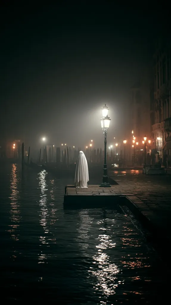 A solitary figure, shrouded in a white sheet resembling a ghost, stands on a small pier at night.  The scene is bathed in a hazy, atmospheric fog, illuminated by a single lamppost and distant city lights reflected on the dark water.  The overall mood is eerie and mysterious, suggestive of a haunting or supernatural presence.  Gondolas are faintly visible in the background, adding to the Venetian ambiance.