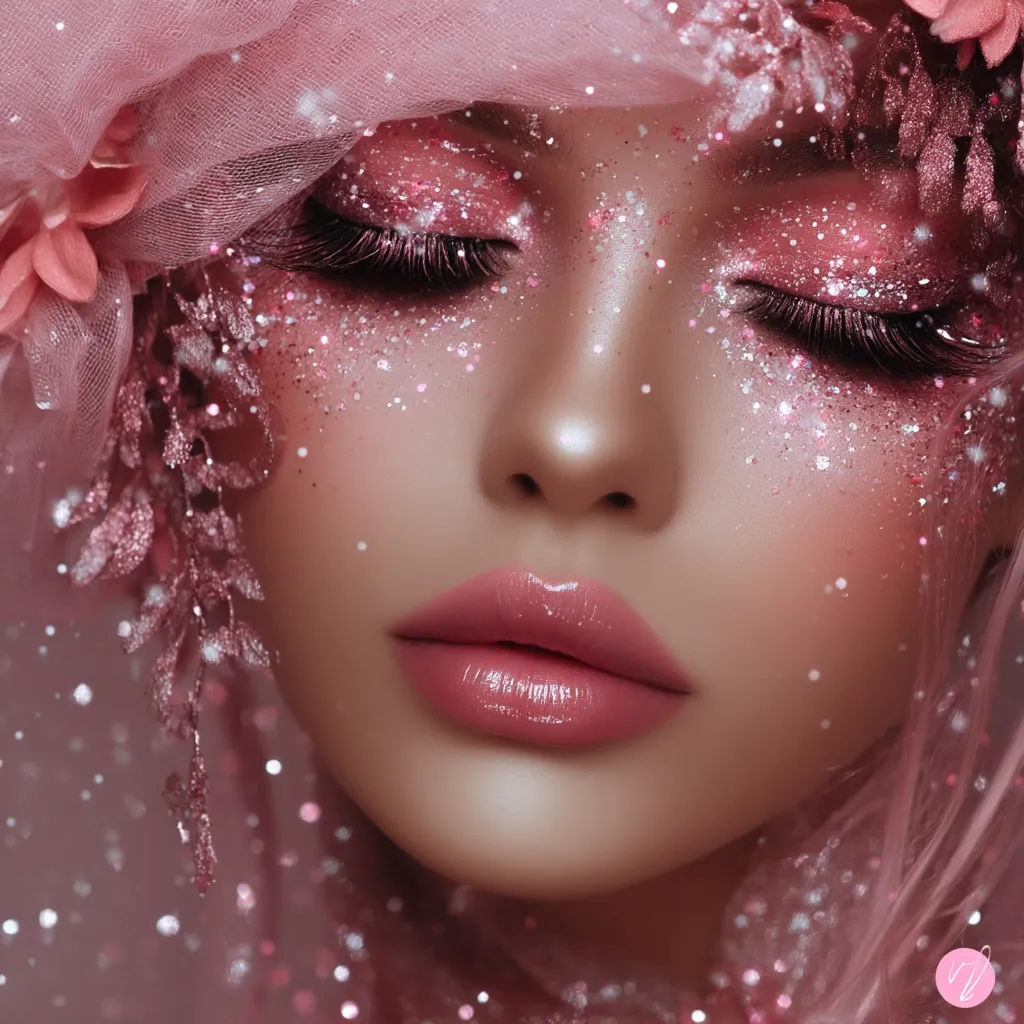 A close-up of a woman's face adorned with pink glitter makeup.  Her eyes are closed, and she's wearing a delicate pink veil or headpiece with floral accents.  The overall aesthetic is ethereal and dreamy, with a soft focus and pink glitter falling around her. The image evokes a sense of fantasy and beauty.