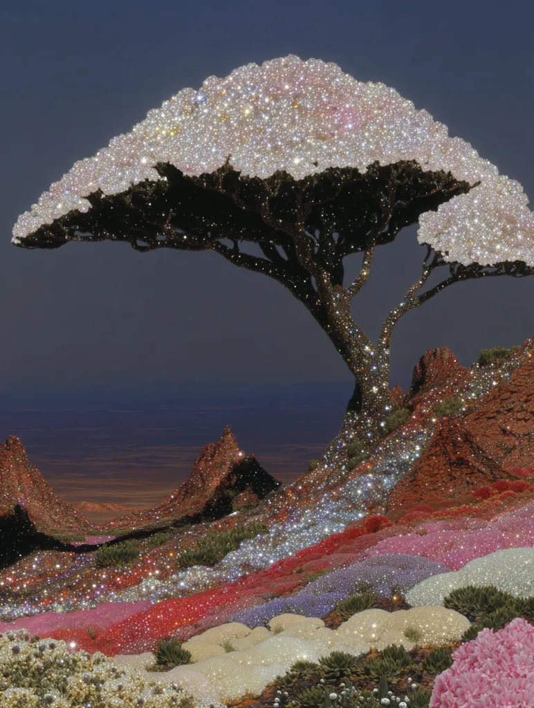 A glittering, surreal landscape unfolds under a twilight sky. A large, sparkling tree, its leaves and branches encrusted with shimmering lights, dominates the scene.  Rolling hills, covered in vibrant, glittery flora in various colors, stretch towards a distant horizon. The overall effect is one of magical, dreamy beauty.