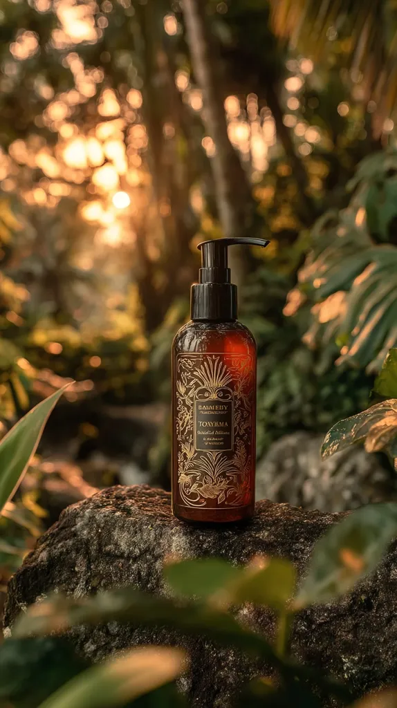 A dark amber bottle of Balmify Toyema Botanical Nature body wash sits on a mossy rock.  The bottle features gold ornate detailing. The background is a blurred, sun-dappled tropical forest scene, creating a serene and natural aesthetic. The overall image evokes a sense of calm and relaxation associated with natural beauty products.