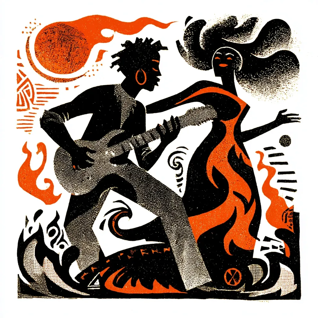 A linocut print depicts a man playing an electric guitar and a woman dancing.  Their silhouettes are black, set against a fiery orange background filled with flames and stylized sun.  The artwork is bold and graphic, using strong lines and contrasting colors to convey a vibrant, energetic scene, possibly representing a passionate performance or celebration. The style is reminiscent of woodcut or folk art.