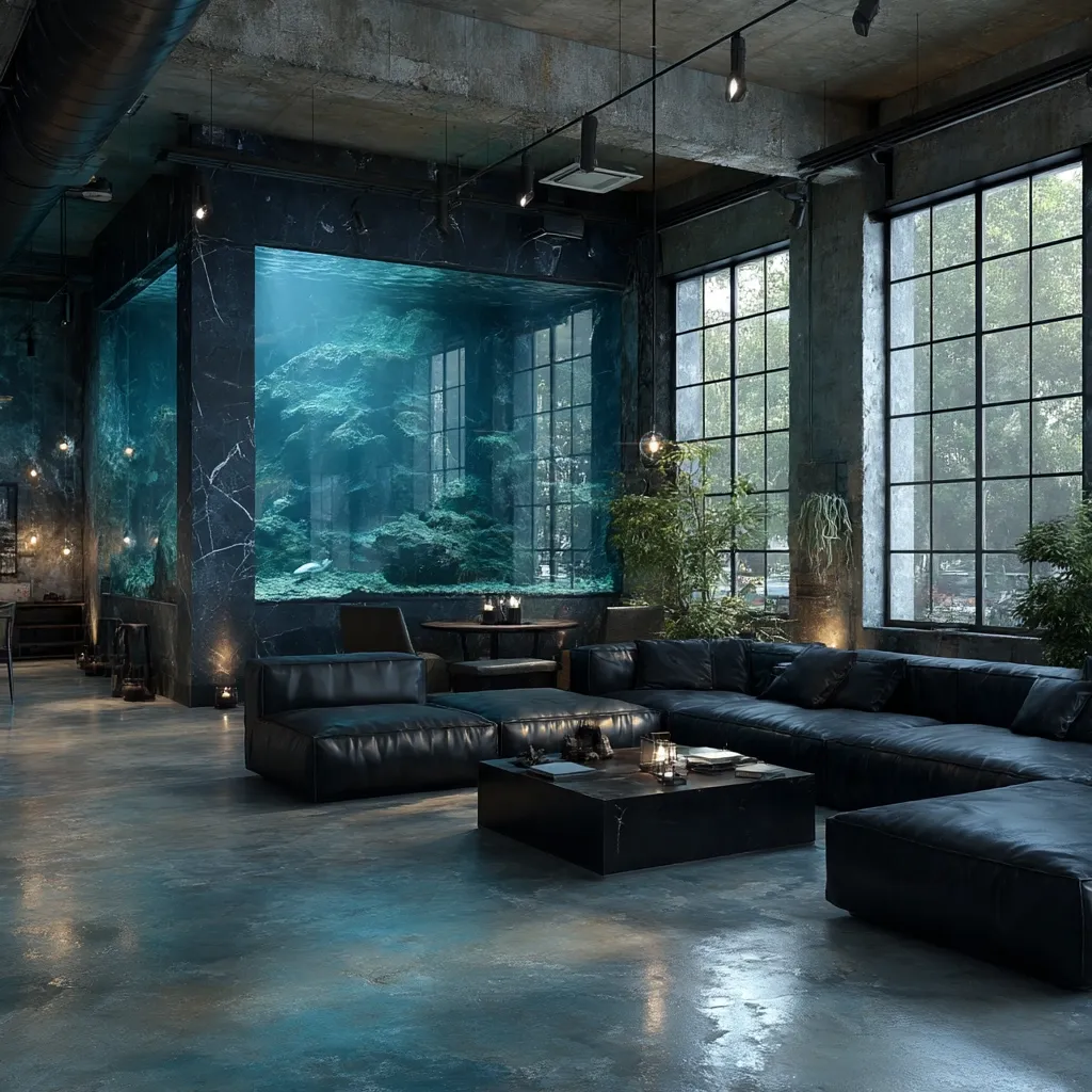 A spacious, industrial-style living room features a large, built-in aquarium as a centerpiece.  Dark leather modular sofas and a low coffee table are arranged around it.  Large windows flood the room with natural light, highlighting the exposed concrete and metallic elements.  The overall atmosphere is dark, moody, and sophisticated.
