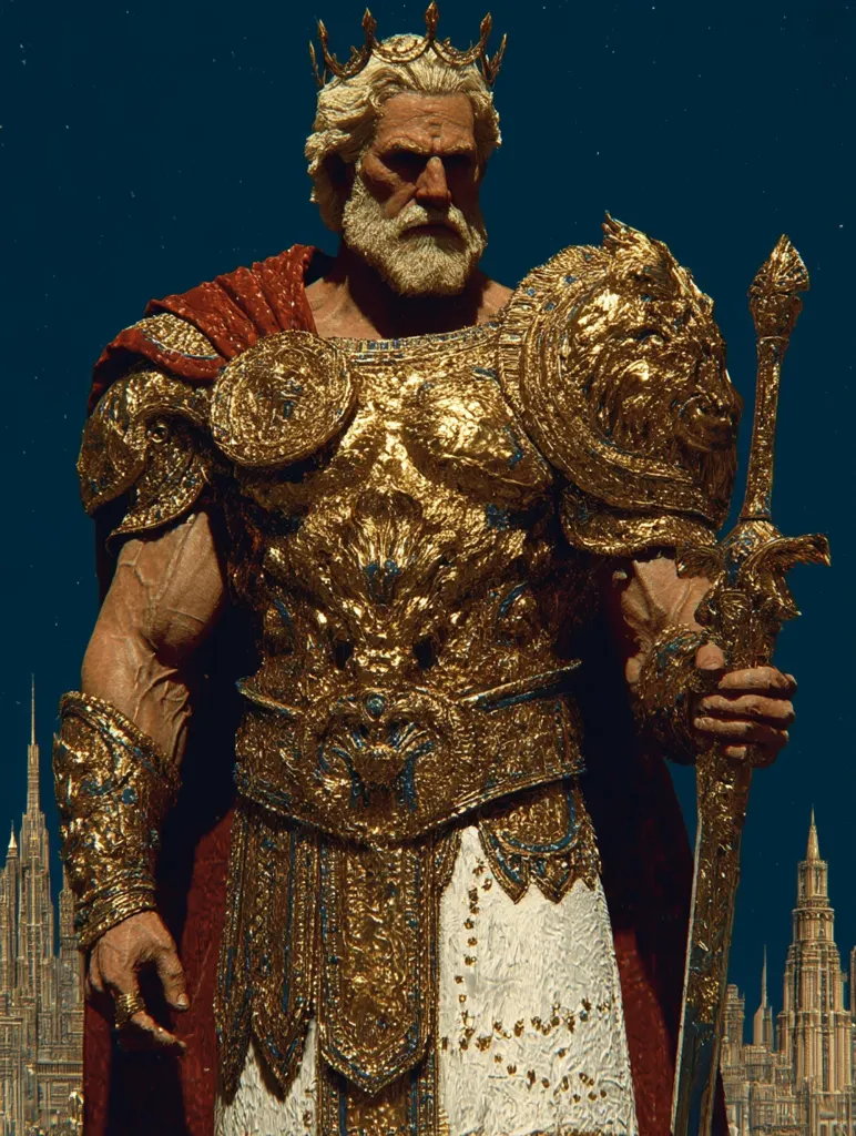 A majestic king, crowned and adorned in ornate golden armor, stands tall.  His long white beard and stern expression convey authority.  He holds a sword, its hilt intricately detailed. The armor is richly decorated, reflecting light. A red cape drapes behind him, partially visible.  A futuristic cityscape forms a blurred backdrop, suggesting a blend of ancient power and advanced technology.