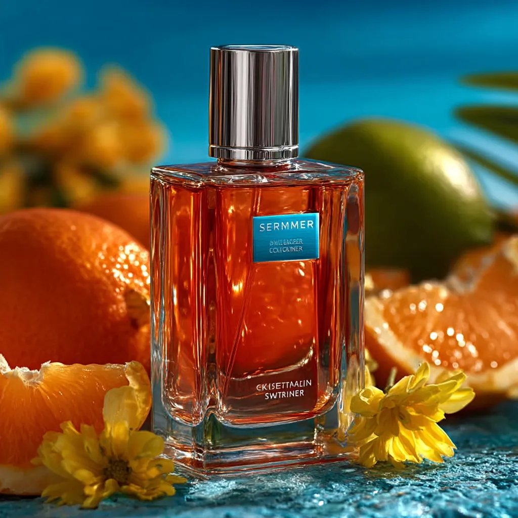A bottle of Sermmer perfume sits on a teal surface amidst sliced oranges and yellow flowers.  The amber-colored perfume has a silver cap and a sleek, rectangular glass bottle.  The label displays the brand name and  "Rimac Enger & Cici Cayner," suggesting a collaboration.  The vibrant oranges and bright flowers complement the warm tones of the perfume, creating a summery and refreshing aesthetic.