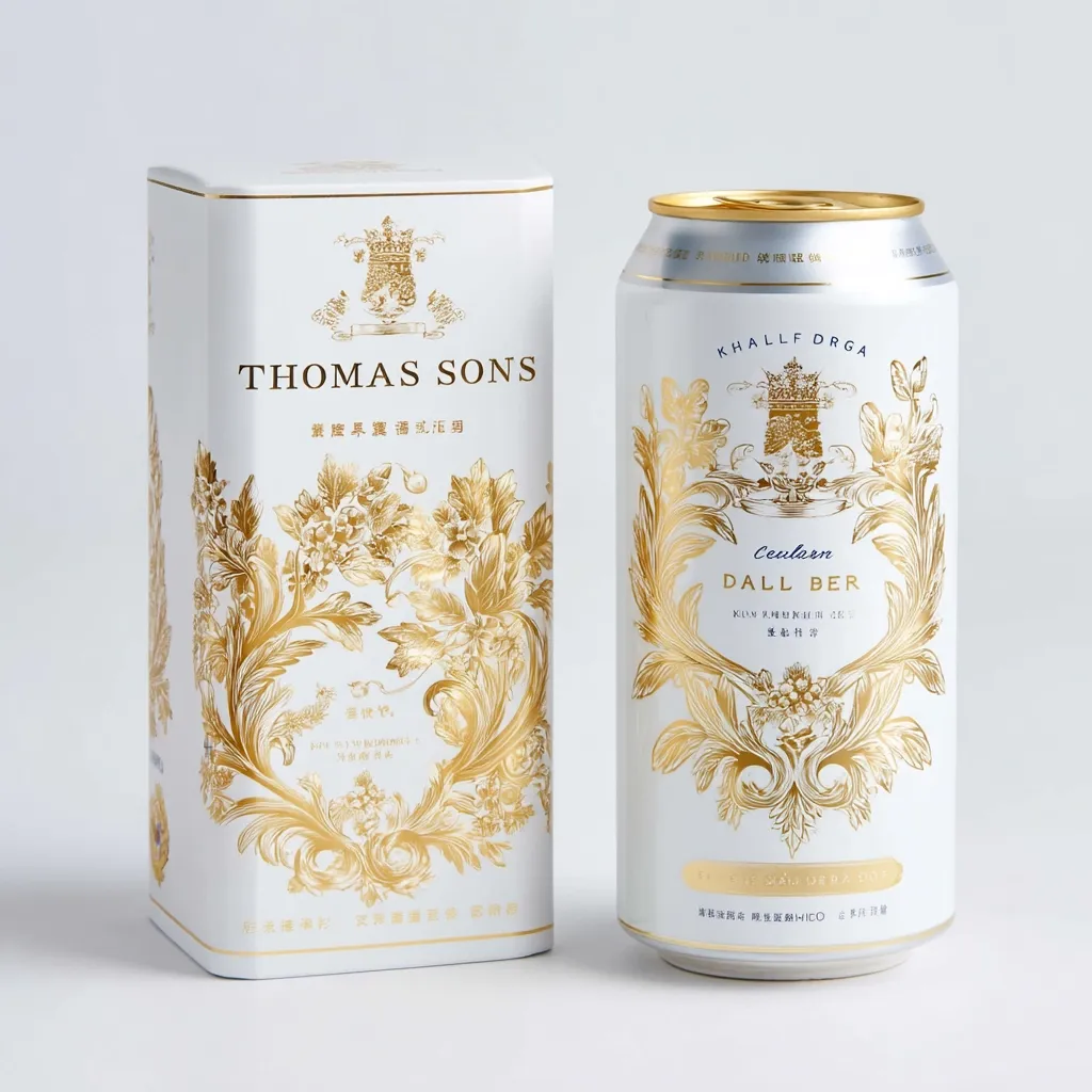 A white box and can of Thomas Sons Ceularn Dall Ber beer are shown.  Both feature gold ornate designs and crests.  The packaging is elegant and luxurious, suggesting a premium beverage.  Chinese text is also present on the packaging.