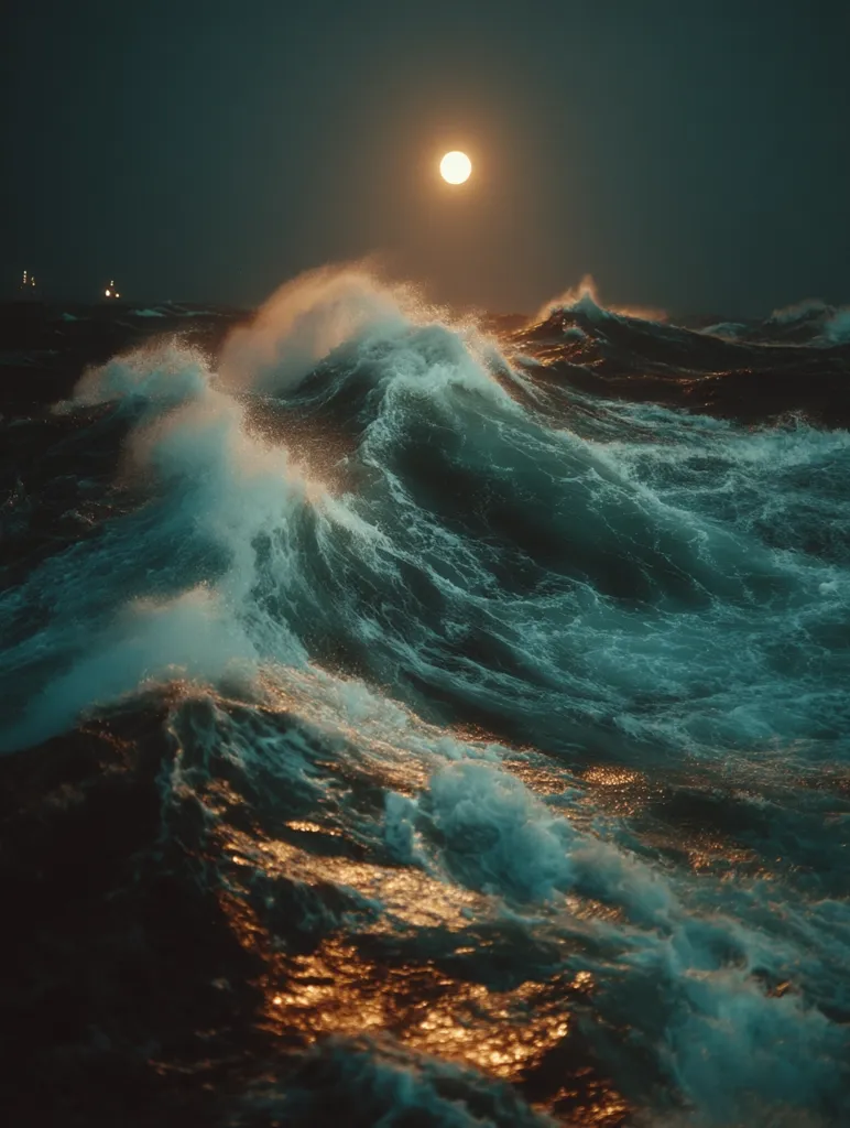 A full moon casts an ethereal glow on a turbulent ocean scene.  Large, powerful waves crash and churn, their crests frothing white against a dark, deep teal water. The moon's light reflects off the water's surface, creating a mesmerizing golden shimmer amidst the tempestuous sea. The overall mood is one of dramatic beauty and untamed nature.