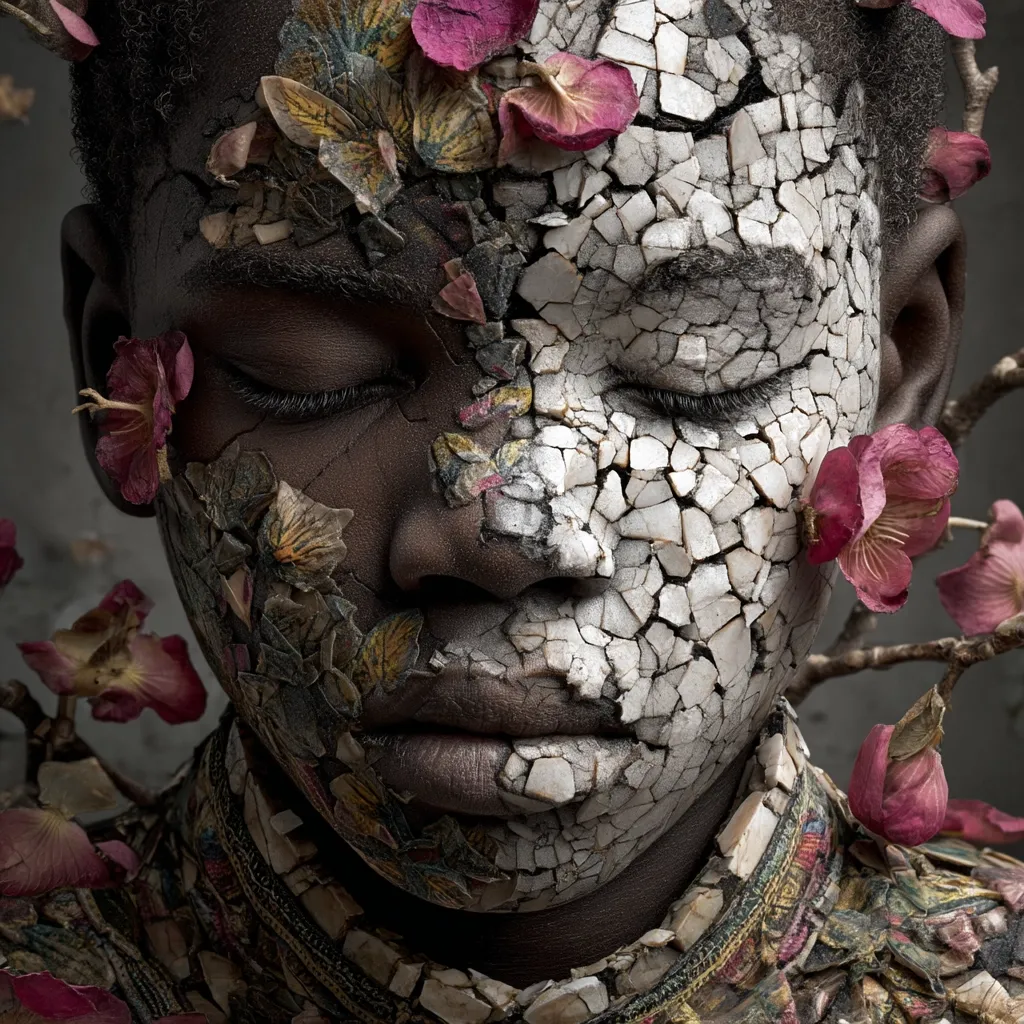 A close-up portrait of a young person's face, artistically adorned. One half of the face is textured like cracked earth, the other half with pressed flowers and butterfly wings.  The overall effect is a striking juxtaposition of nature and decay, with a serene expression despite the fragmented visage.  Delicate pink blossoms frame the face, enhancing the image's ethereal quality.