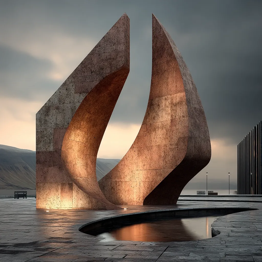 A striking modern sculpture, crafted from textured, reddish-brown stone, dominates a plaza overlooking a calm body of water.  The sculpture's abstract form resembles two soaring, intertwined wings or flames.  The setting sun casts warm light, highlighting the sculpture's curves and the subtle variations in the stone's surface. A minimalist building is visible in the background, contrasting with the organic shape of the central artwork.  The scene is serene and evokes a sense of quiet contemplation.