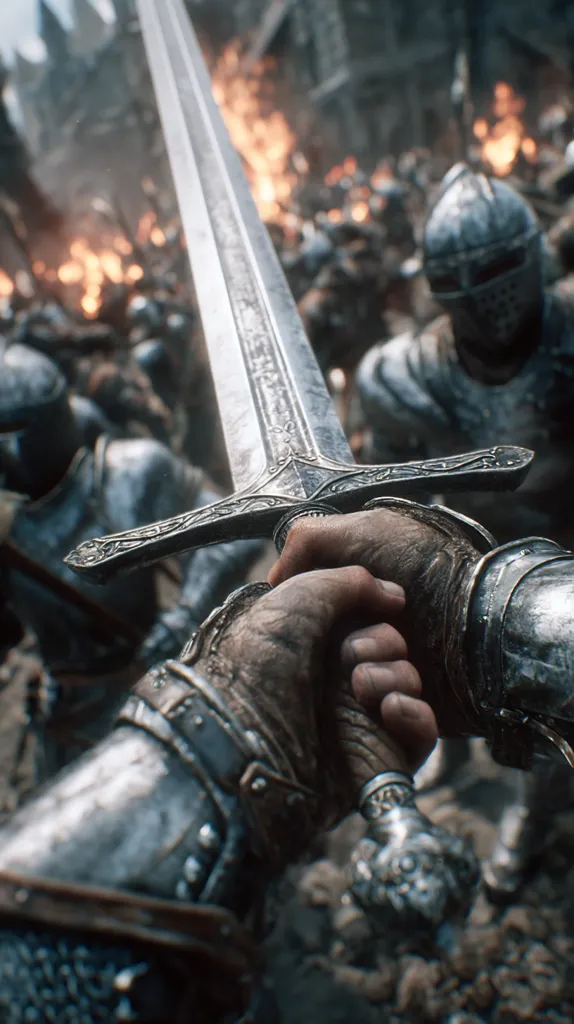 A close-up shot focuses on a knight's hand gripping a large, ornate sword during a chaotic medieval battle.  Flames and smoke engulf the background, showcasing a fierce clash between armored soldiers. The sword's intricate detail and the gritty texture of the knight's armor are emphasized, conveying the intensity and brutality of the conflict. The image evokes a sense of epic struggle and impending violence.