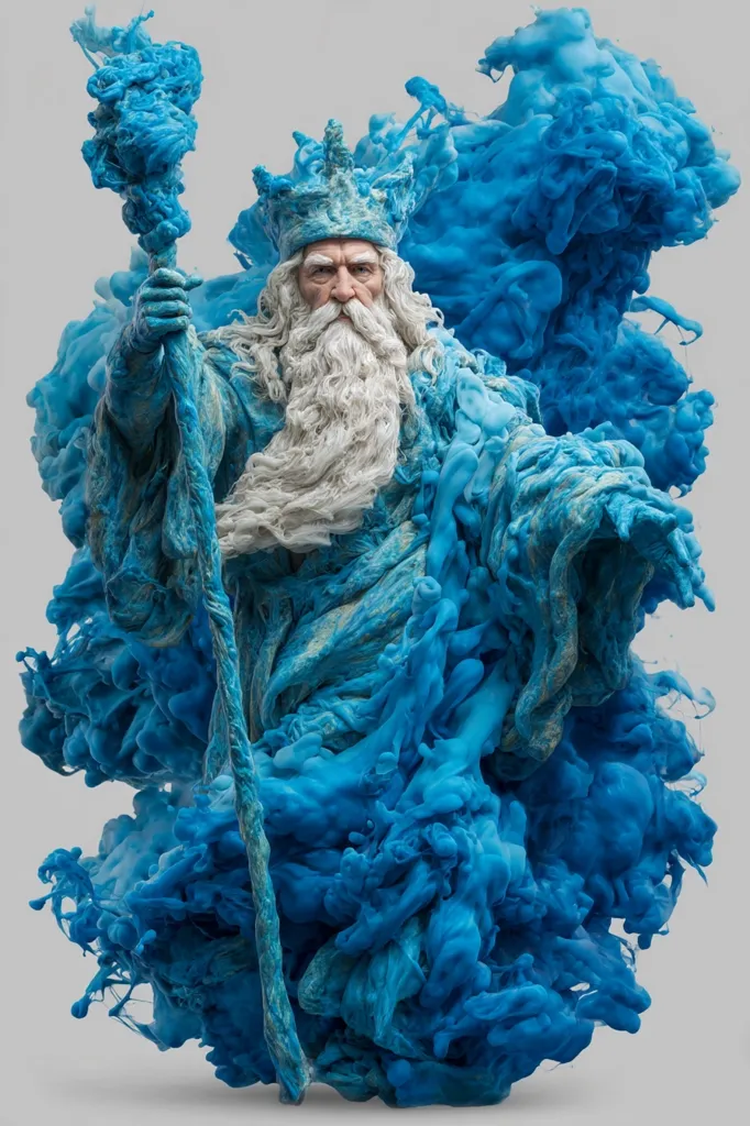 A regal, elderly figure, crowned and robed, holds a staff amidst a swirling cloud of vibrant blue ink. His long, white beard flows down his chest, adding to the majestic aura. The image is a striking blend of sculpture and abstract art, capturing a moment of mythical power and ethereal beauty.  The blue ink enhances the mystical atmosphere surrounding the figure.