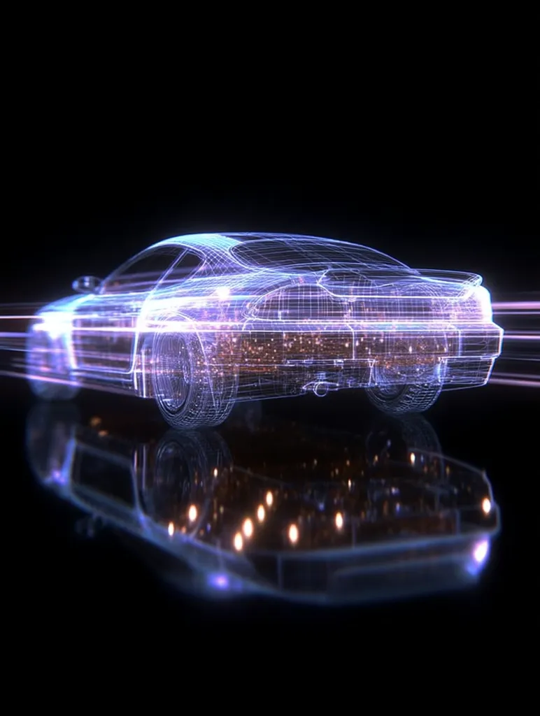 A wireframe rendering of a sports coupe is depicted, glowing with a bluish-purple light against a black background.  The car appears to be in motion, with light trails suggesting speed.  A reflective surface below shows a mirrored image of the car, enhancing the futuristic and technological aesthetic.  The intricate detail of the wireframe emphasizes the car's design and construction.