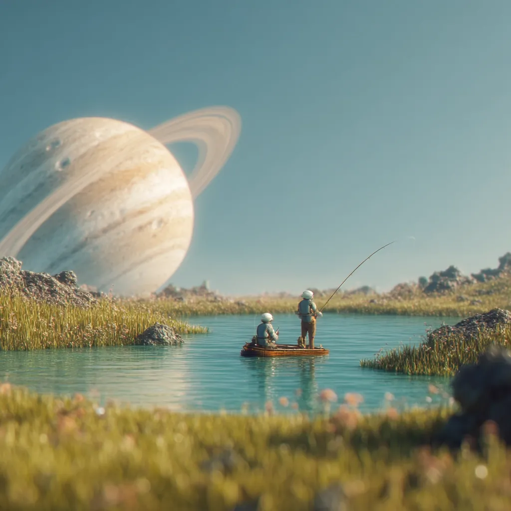 Two figures in retro-futuristic attire fish from a small boat on a tranquil lake.  The backdrop is surreal, dominated by a colossal planet with prominent rings, hanging low in a pale sky.  The scene blends elements of science fiction and serene nature, creating a whimsical and peaceful atmosphere.  The overall tone is calm and idyllic.
