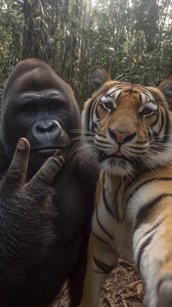 A gorilla and a tiger take a selfie together in a lush green forest.  The gorilla is on the left, making a peace sign with one hand, while the tiger's arm extends across the frame for the photo. Both animals are in sharp focus against the blurred background of trees and foliage. The image is humorous and unexpected, showcasing an unlikely friendship between two powerful predators.