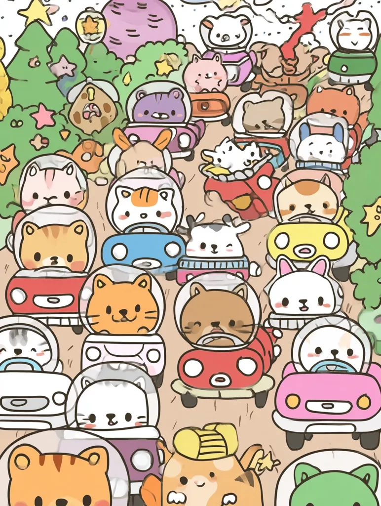 A whimsical illustration depicts numerous adorable cartoon animals, primarily cats, driving miniature cars.  They are in a line resembling a traffic jam, set against a backdrop of simplified trees and a snowy landscape.  Each animal is uniquely colored and styled, with a helmet-like addition to their car's design. The overall style is cute and playful.