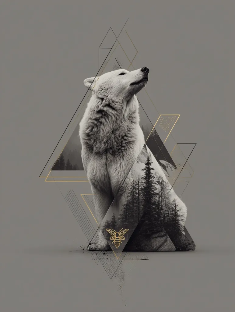 A monochromatic image showcases a majestic Arctic wolf, its gaze directed upward.  The wolf is artfully superimposed with a serene winter forest scene. Geometric gold lines frame the composition, creating a modern, abstract feel. A stylized bee symbol is subtly incorporated near the wolf's paws, adding a mystical touch to this striking wildlife artwork.