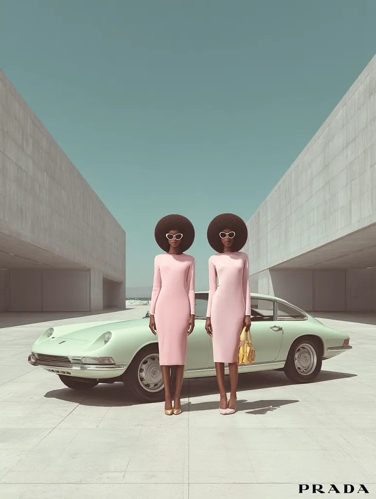 Two identical Black women with large afros and sunglasses stand in matching pink dresses in front of a pale green vintage car.  They carry small purses.  The minimalist setting features clean lines and muted colors, creating a striking and stylish image. The Prada logo is subtly placed at the bottom.