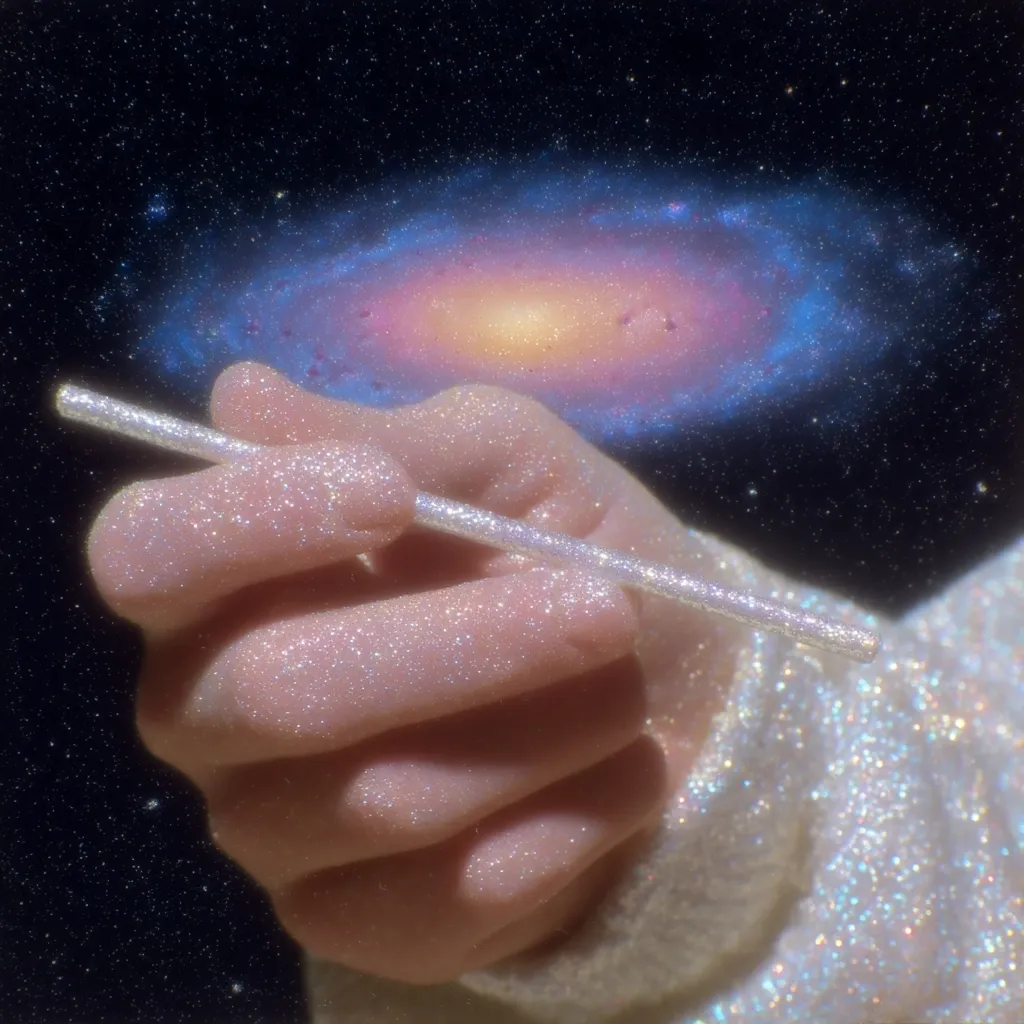 A hand, adorned with iridescent glitter, delicately holds a slender, sparkly white rod.  The background features a vibrant, swirling galaxy, creating a surreal and ethereal juxtaposition. The image evokes a sense of cosmic artistry, blending the mundane with the extraordinary. The overall aesthetic is dreamy and whimsical.