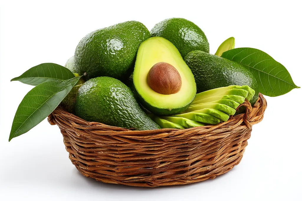 A brown wicker basket overflowing with ripe avocados sits on a white background.  Several whole avocados are nestled amongst sliced avocado pieces. Lush green leaves add a fresh, vibrant touch to the scene. The avocados are dark green, shiny, and appear juicy and ready to eat.  The overall image is appealing and suggests health and freshness.