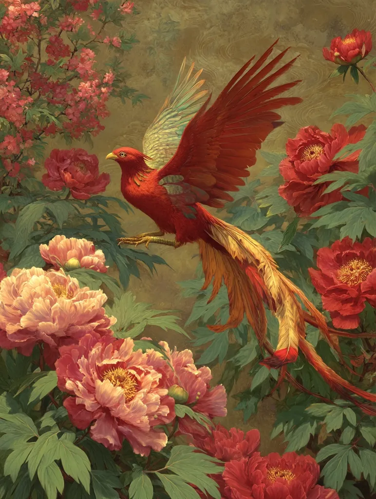 A vibrant painting depicts a majestic red bird, possibly a phoenix, in mid-flight amidst a lush garden of blooming peonies.  The bird's plumage is a striking blend of red, gold, and green, its wings outstretched.  The peonies, in shades of pink and red, surround the bird, creating a harmonious blend of colors and textures. The overall style suggests a classical or romantic approach to nature painting.
